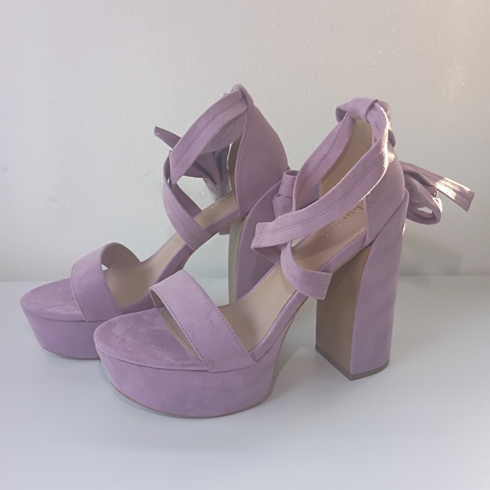 Lurnyet Lavender Purple Faux Suede Platform Block Heel Ankle Tie Sandals Size 9